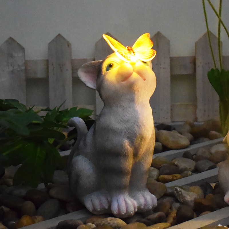 Cats and Butterflies Charming Solar-Powered Animal Garden Statue – Waterproof Resin Figurine with Glowing LED Accents