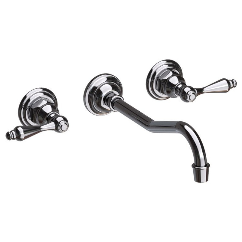 Lavatory Faucet Chesterfield Wall Mount 8 Inch Spread 2 Lever ADA WaterSense Midnight Chrome 1.2 Gallons Per Minute Brass Less Drain Spout Reach 9-3/4 Inch