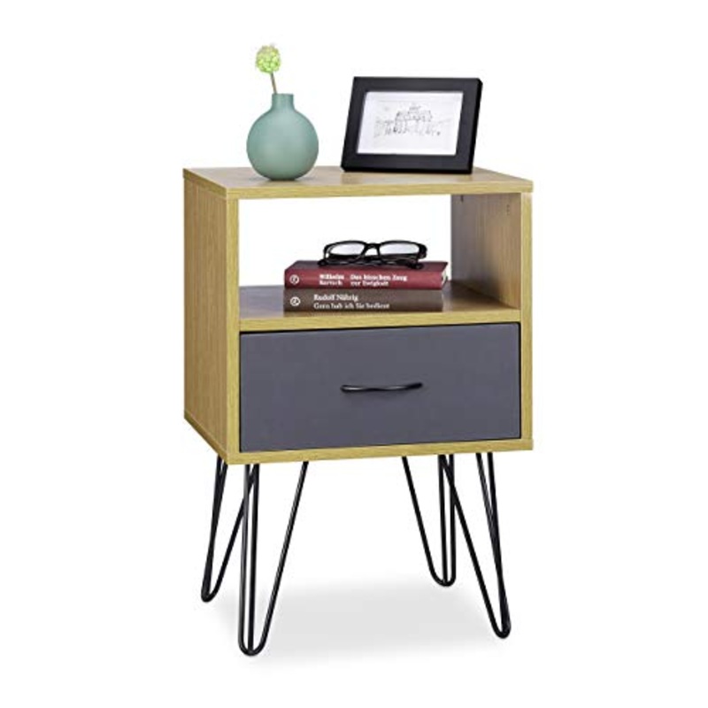 Relaxdays Comodino da Letto rtro, con cassetto, Effetto Legno, Gambe in Metallo, Vintage, Marrone, H x L x P 60 x 40 x 35 cm
