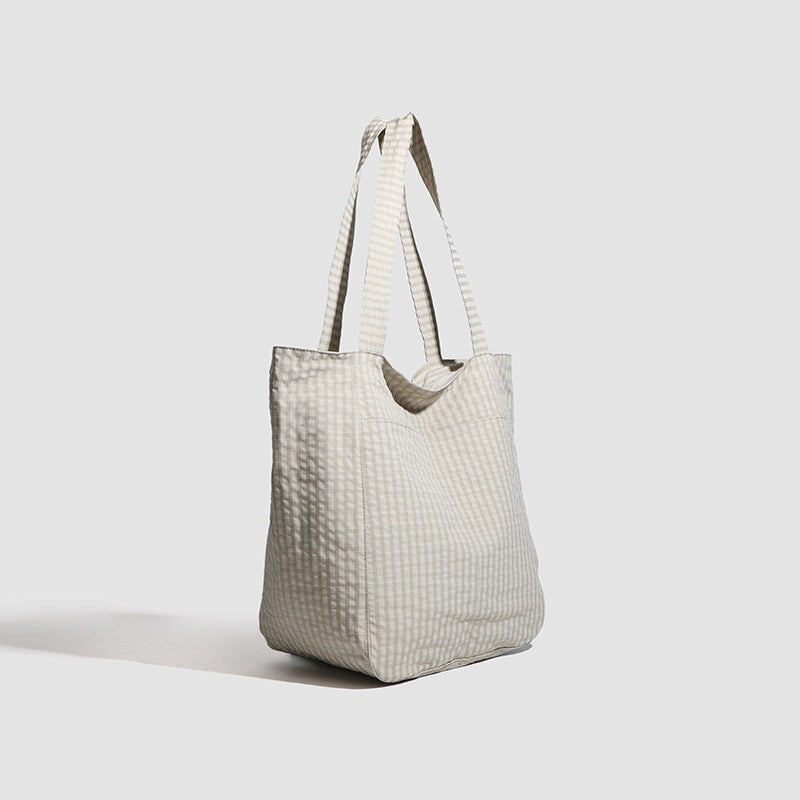 Beige Stylish Lightweight Seersucker Gingham Tote Bag – Spacious Multi-Pocket Shoulder Bag with Zipper