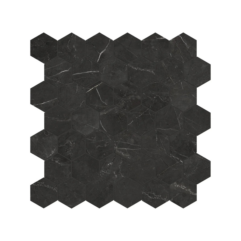 La Marca 2 Inch Hexagon Nero Polished Porcelain Mosaics. 1 Sheet = .96 Sq. Ft. Venato 2″