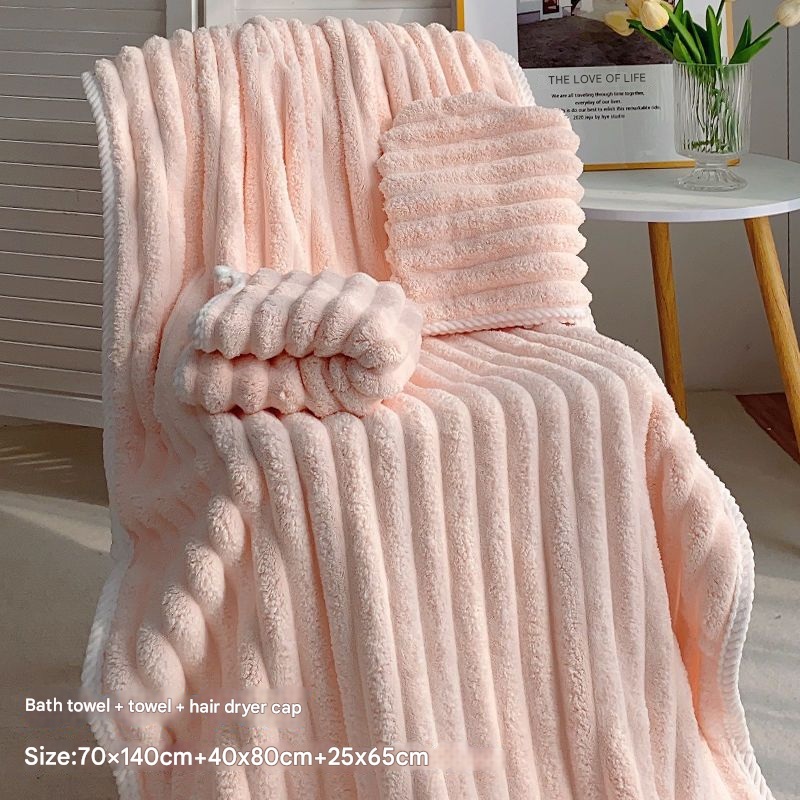 Pink Plush Ribbed Coral Fleece 3-Piece Towel Set – Ultra Soft & Absorbent Bath, Hand Towel and Hair Wrap