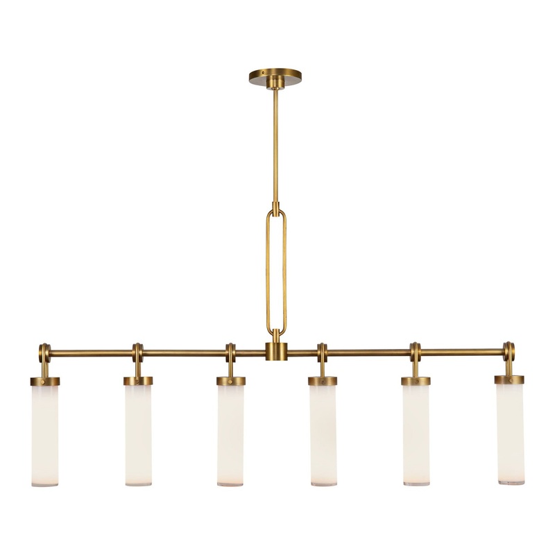 Six Light Linear Pendant from the Wynwood Collection in Vintage Brass/Glossy Opal Glass Finish by Alora