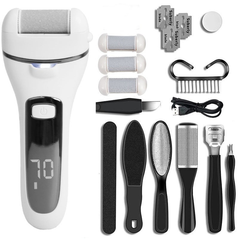 Rechargeable Electric Foot File with LCD Display – 3 Grit Heads & Waterproof Design(white)