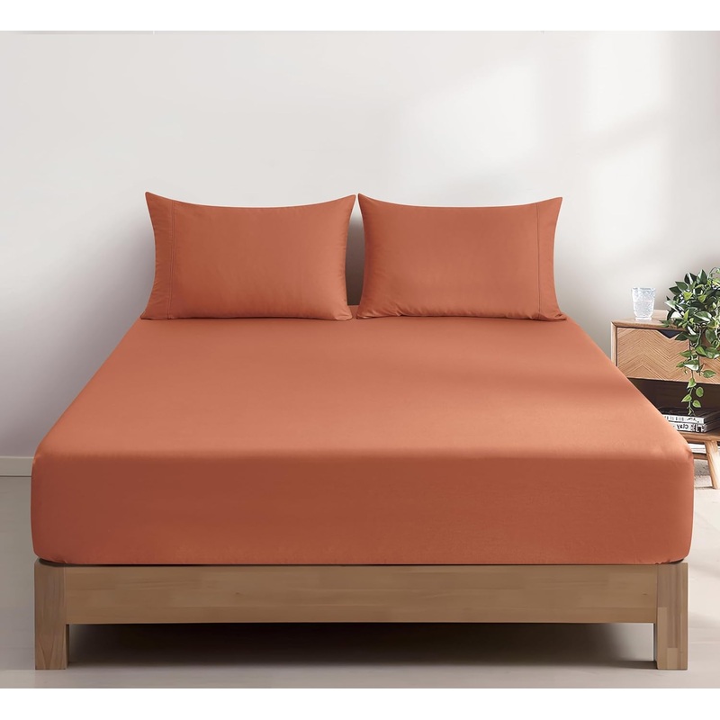 100% Vintage Washed Cotton Fitted Sheet Combo Set  100% Natural Cotton, Ultra Soft & Breathable  Includes Fitted Sheet & Pillowcases  Machine Washable (Brick, King)
