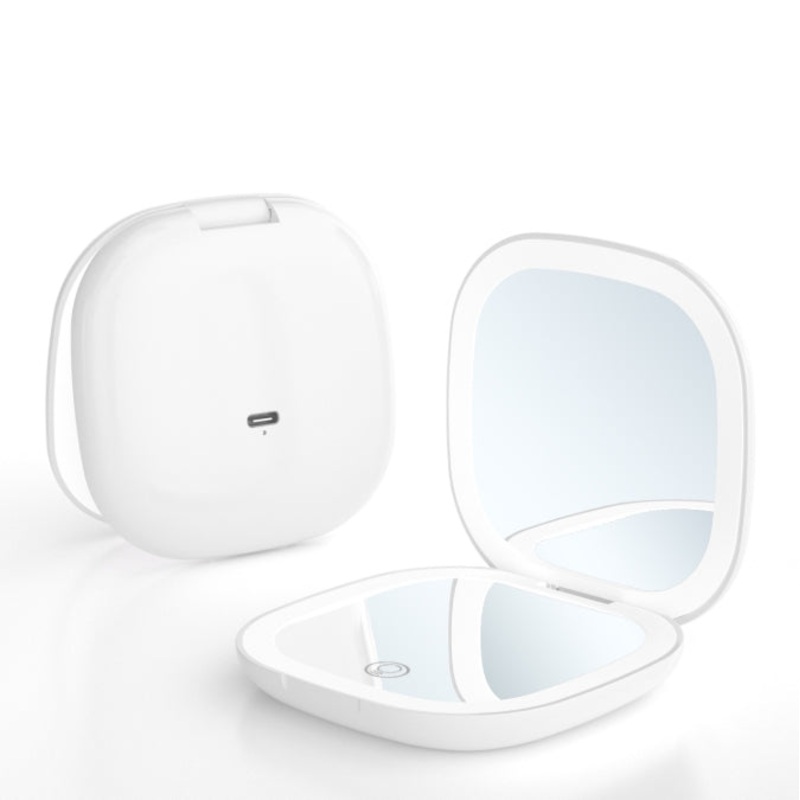2-piece White Portable LED Makeup Mirror – Rechargeable Compact with 3-Color Lights & 5x Magnification