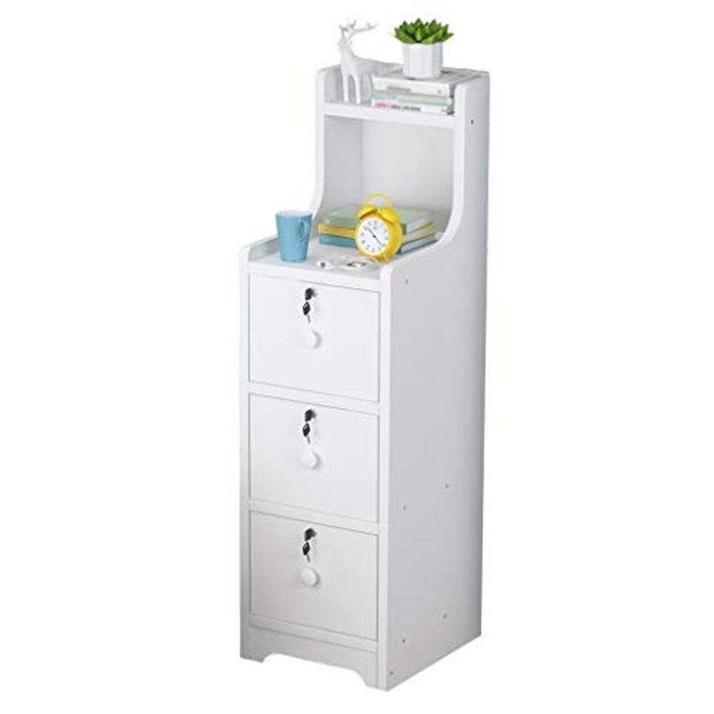 Comodini ultra-stretto comodino con alto deposito e serratura 3 cassetti grande capacit armadio semplice spessore piastra materiale FANJIANI (colore : Bianco, Dimensioni: 30X35X70CM)