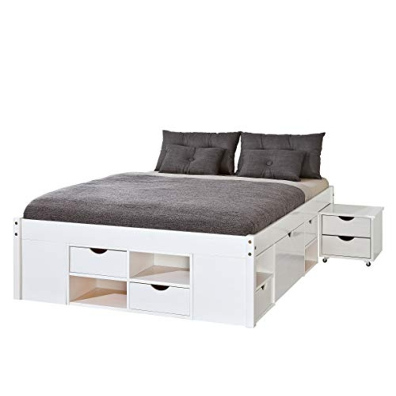 Inter Link Letto matrimoniale con scomparti e cassetti, in vero legno biologico, laccato bianco, larghezza x altezza x profondit: 209 x 48 x 186 cm
