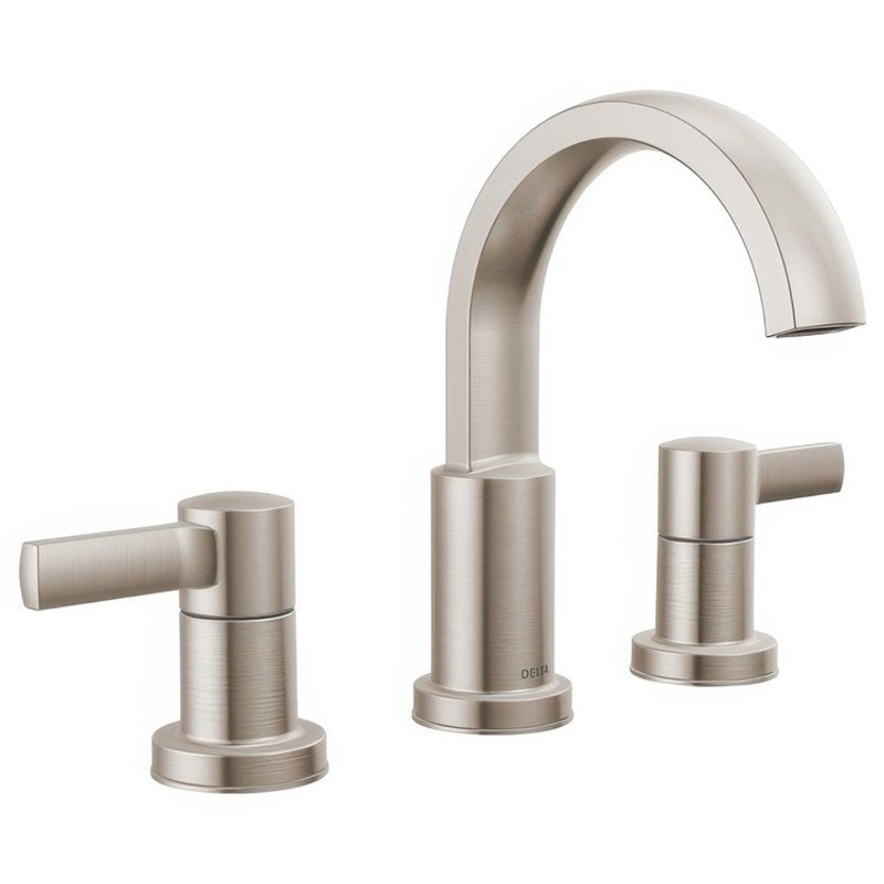 Lavatory Faucet Albion Widespread 6 to 16 Inch Spread 2 Lever ADA WaterSense Spotshield Brushed Nickel 1.2 Gallons per Minute Deck Mount Pop-Up 3 Hole