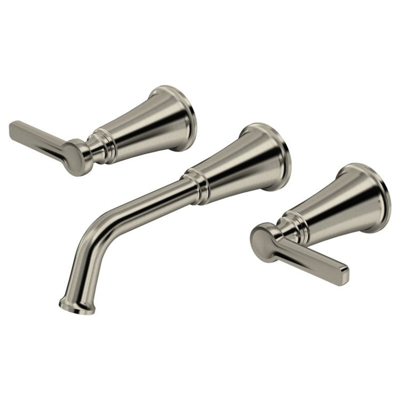 Lavatory Faucet Momenti Widespread 8 Inch Spread 3 Lever ADA Watersense Brushed Nickel 1.2 Gallons per Minute Wall Mount Less Drain 3 Hole