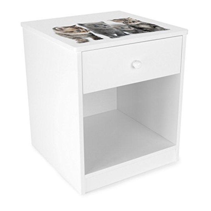 Leomark comodino classico per cameretta con cassetto e scompartimento apertoin, cassettiera per bambini in legno, colore bianco con motivo GATTI, dimensioni: 34cm x 33,5cm x 40cm (LxPxA)