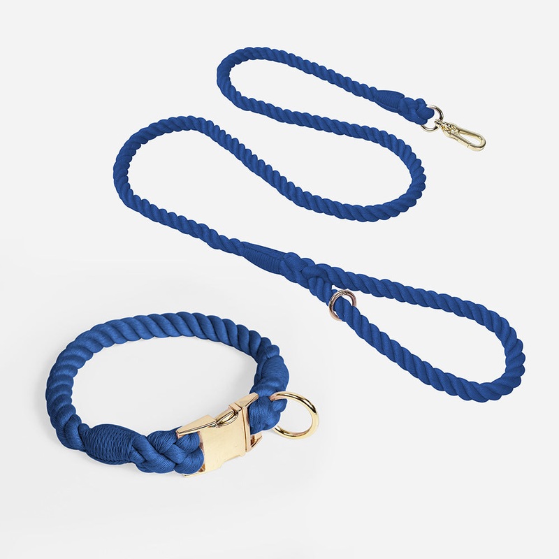 Handmade Gradient Rope Dog Collar & Leash Set – Colorful Braided Cotton (Navy blue – Size S)