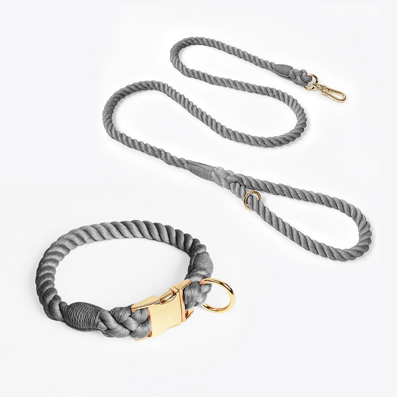 Handmade Rope Dog Collar and Leash Set – Colorful Woven Cotton Cotton (Dark Gray – Size M)