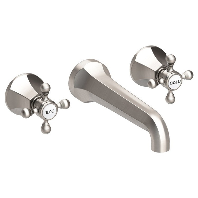 Lavatory Faucet Metropole Wall Mount 8 Inch Spread 2 Cross ADA WaterSense Satin Nickel PVD 1.2 Gallons Per Minute Brass Less Drain Spout Reach 7-1/2 Inch