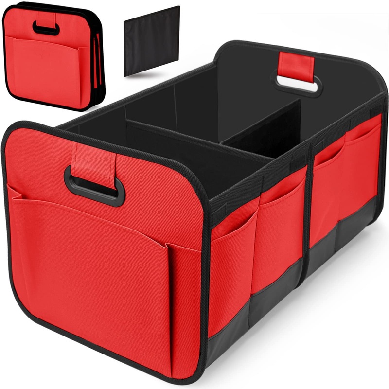 Red and Black Heavy Duty Collapsible Car Boot Organiser – Large 65L Waterproof Trunk Storage Box with Compartments for SUV & Car