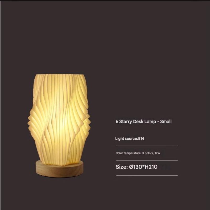 Unique Pleated Design Table Lamp – 3D Printed Washable Shade, Wooden Base, Adjustable LED (Six-star rotation)