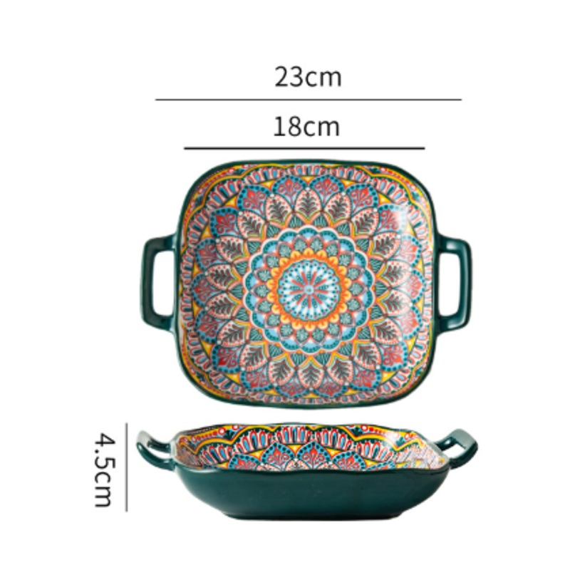 Morocco 9-Inch Bohemian Ceramic Double-Handled Square Plate
