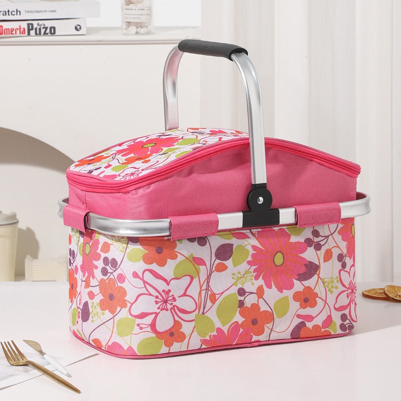 Pink and Floral Pattern Large 27L Foldable Insulated Picnic Basket Cooler Bag – Lightweight Thermal Hamper with Aluminum Handles for Outdoor, Shopping & Camping