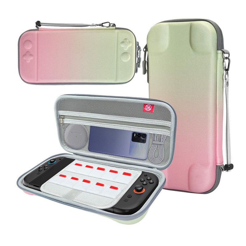 Portable Hard Shell Travel Case for Nintendo Switch/Switch Lite/OLED – Game Card Slots & Accessory Pocket(Gradient pink and green)