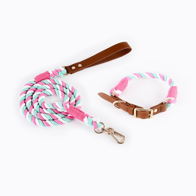 Premium Leather Pet Collar and Leash – Soft, Strong Braided Rope (Pink green – Size S)
