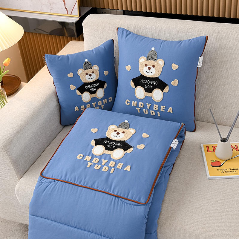 Blue Cap Bear 2-in-1 Foldable Car Pillow Blanket – Cozy 40x40cm Pillow, Unfolds to 100x150cm Blanket for Travel and Office Naps