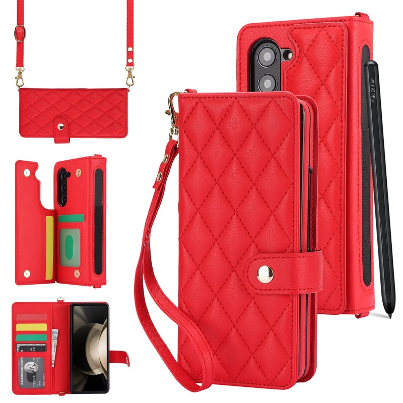 Galaxy Z Fold6 Multi-Functional Leather Wallet Case for Samsung Z Fold Series – Crossbody with Pen Slot, Quilted Design