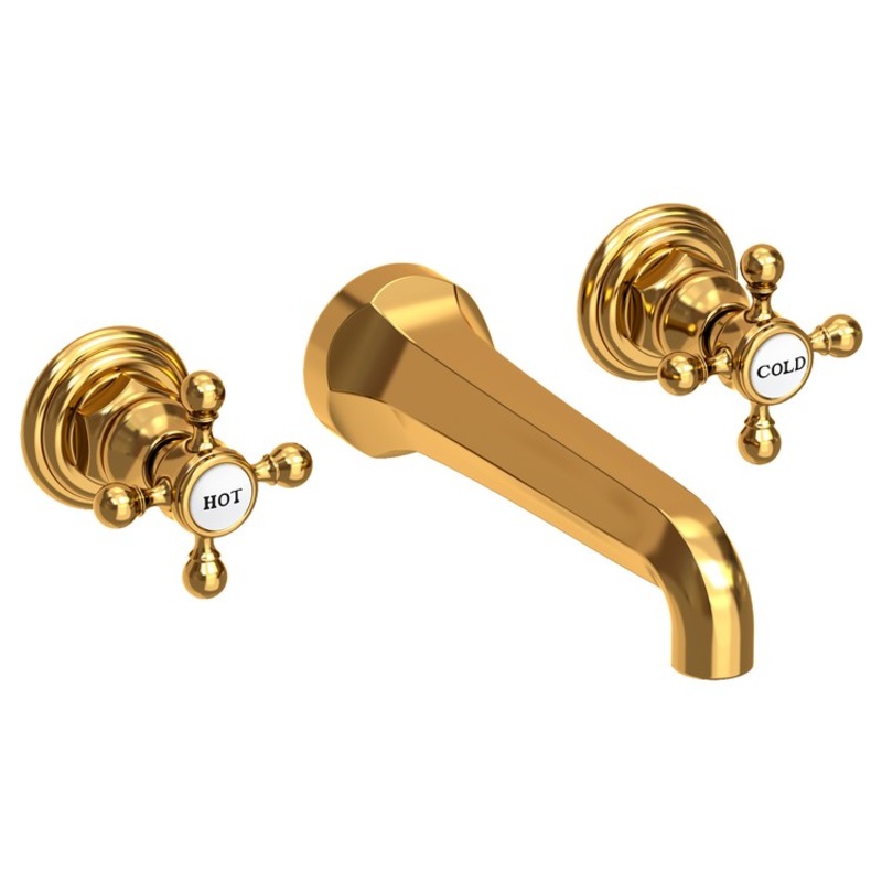 Lavatory Faucet Astor Wall Mount 8 Inch Spread 2 Cross ADA Watersense Aged Brass 1.2 Gallons Per Minute Brass Less Drain Spout Reach 7-1/2 Inch