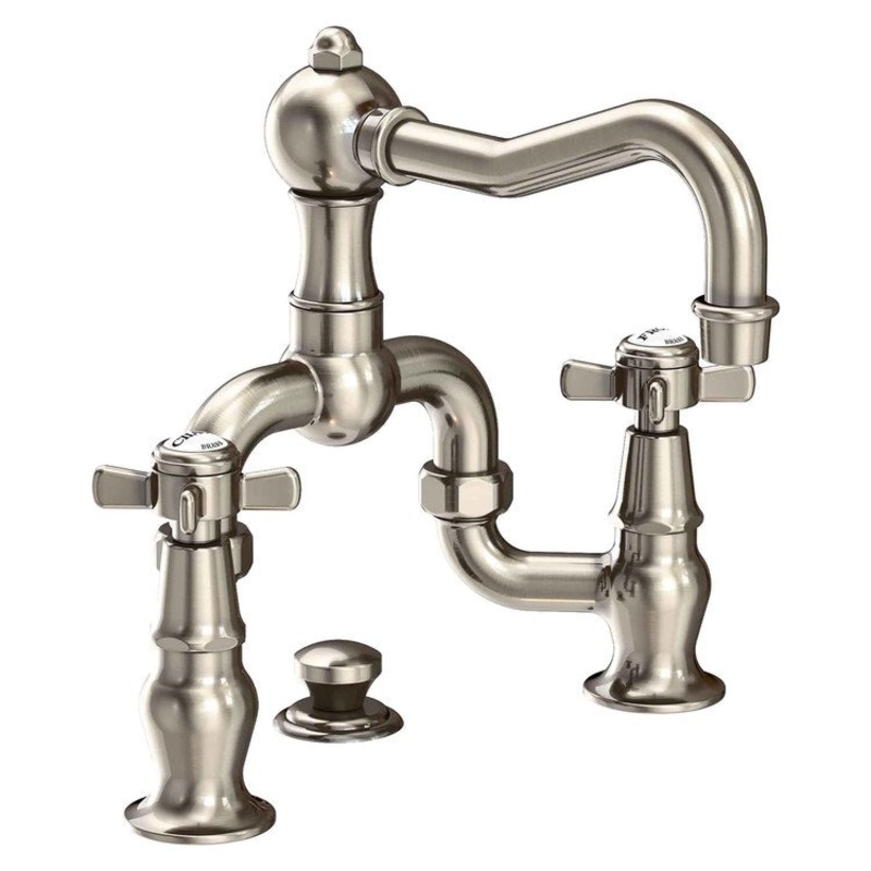 Lavatory Faucet Fairfield Bridge 8 to 9-3/4 Inch Spread 2 Cross ADA WaterSense Antique Nickel 1.2 Gallons Per Minute Brass Pop Up Spout Reach 7-3/16 Inch