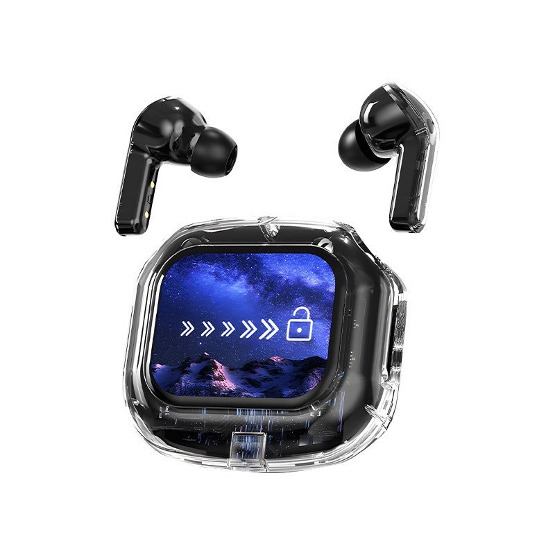 Black Smart TWS Earbuds with Full-Color LCD Touchscreen Case – Bluetooth 5.4, HiFi Stereo & ENC Noise Cancelling