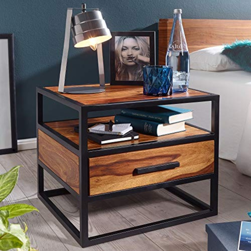 KADIMA Design Comodino Sheesham Legno Metalloo Industriale