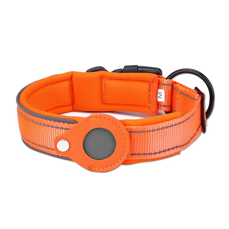 L Orange Secure Nylon Dog Collar with Built-in Apple AirTag (not included) Holder Case – Pet Tracker Accessory