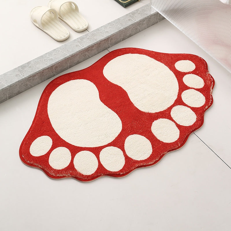 2 Pcs Red And White Foot-Shaped Plush Bath Mat – Non-Slip Absorbent Bathroom Rug for Bedroom and Doorway (50x80cm)