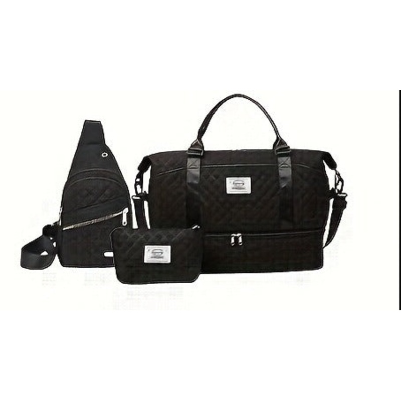 Black Chic 3-Piece Quilted Travel Bag Set – Duffel, Crossbody Sling & Toiletry Pouch – Large Capacity & Lightweight