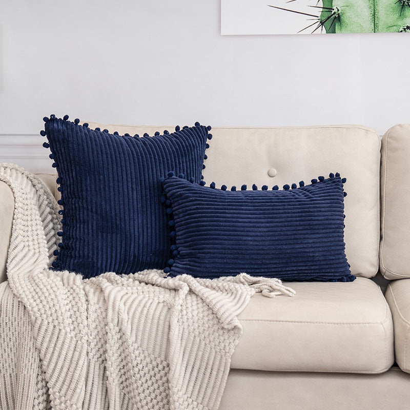 Navy Blue Soft Corduroy Cushion Cover Set (1 Square + 1 Rectangular) with Pom Pom Trim – Decorative Throw Pillow Cases for Sofa Couch
