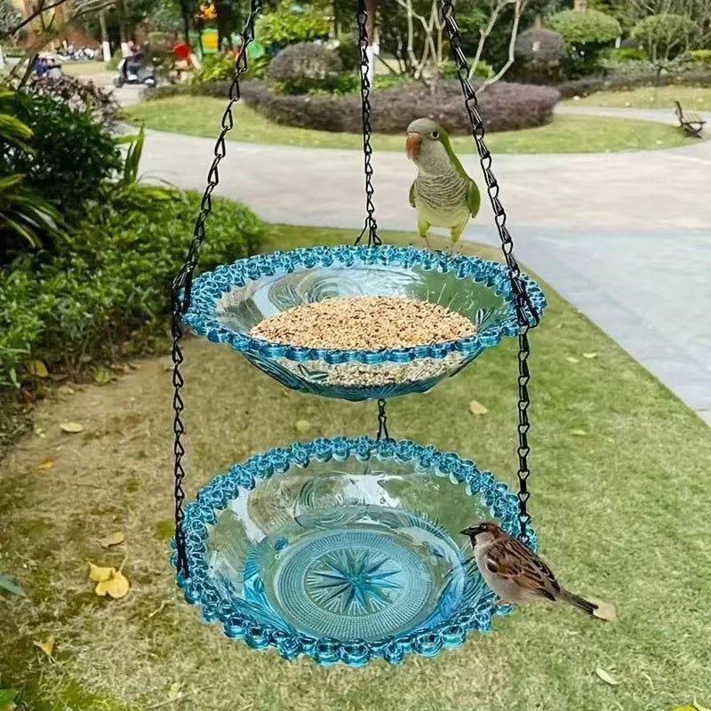 2 Set Blue Elegant Hanging Glass Bird Feeder – Double Tier for Garden Birds