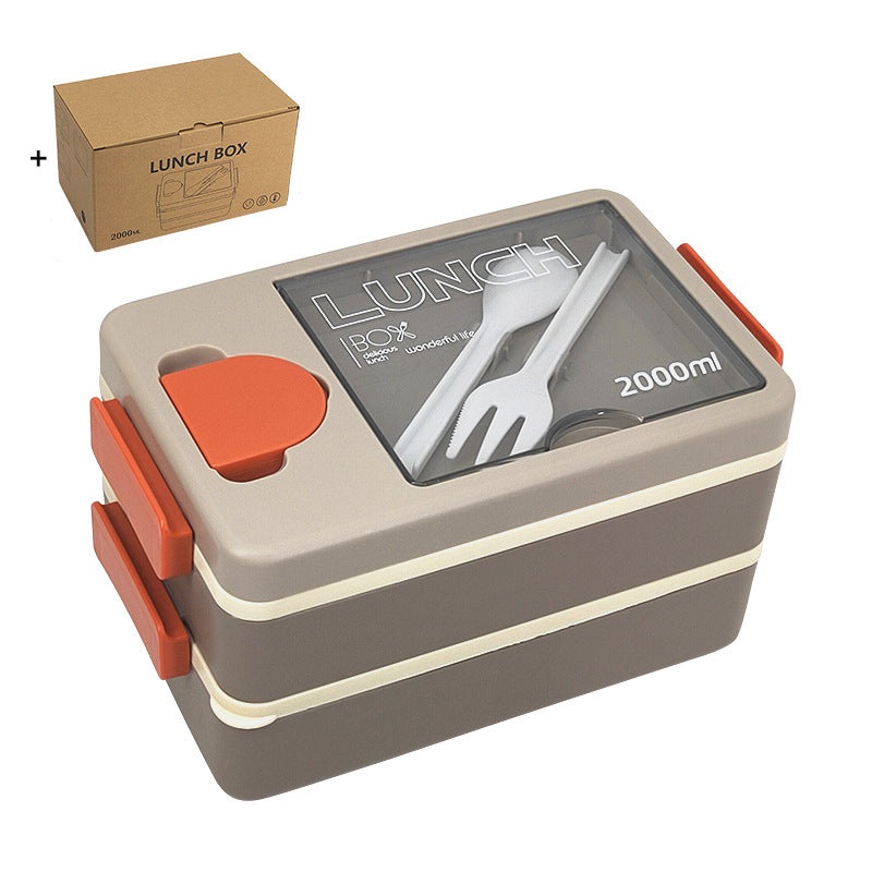 2L Double-Layer Bento Lunch Box – Leak-Proof with Utensil & Sauce Container(Grey)