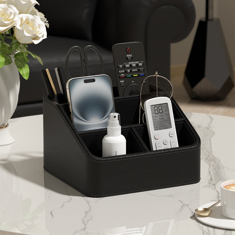 Black Stylish PU Leather Desktop Organizer Caddy – Multi-Compartment Holder for Remotes, Office Supplies, Makeup