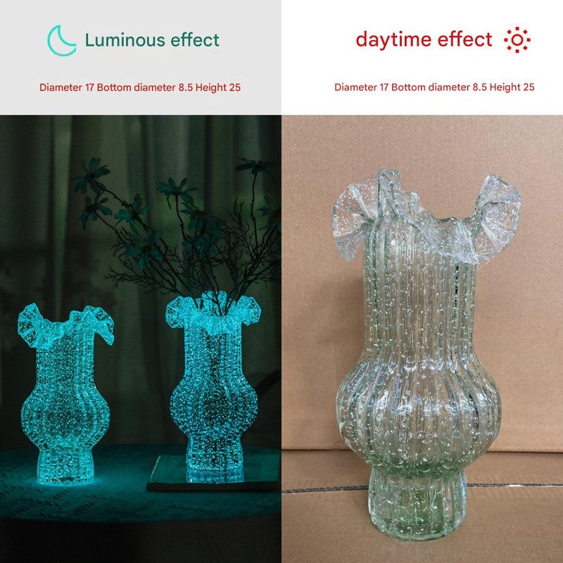 Green Elegant Glow-in-the-Dark Glass Vase – Vintage-Style Ruffled & Ribbed Centrepiece