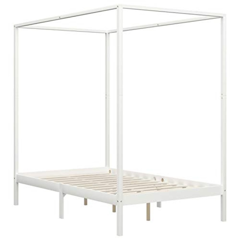 Lasamot Struttura Letto in Legno di Pino con 4 cassetti, Struttura a baldacchino per zanzariera, Staffa per Montante, Adatta per Materasso 140×200 cm (Materasso Non Incluso), Bianca