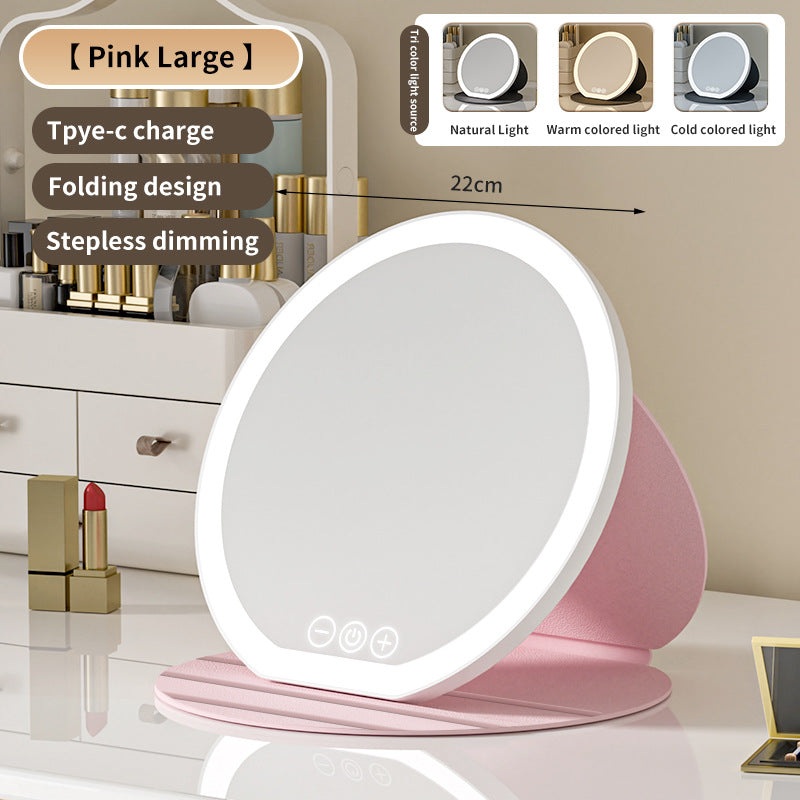 Pink Large Round Foldable LED Makeup Mirror – 22cm Desktop Vanity with 3 Color Lights & Stepless Dimming