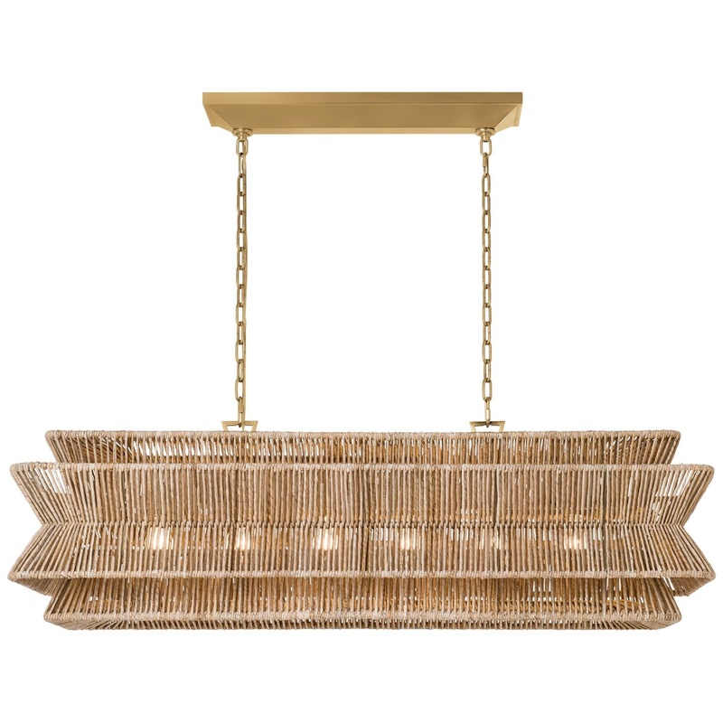 LED Linear Pendant from the Antigua Collection in Antique-Burnished Brass and Natural Abaca Finish by Visual Comfort Signature