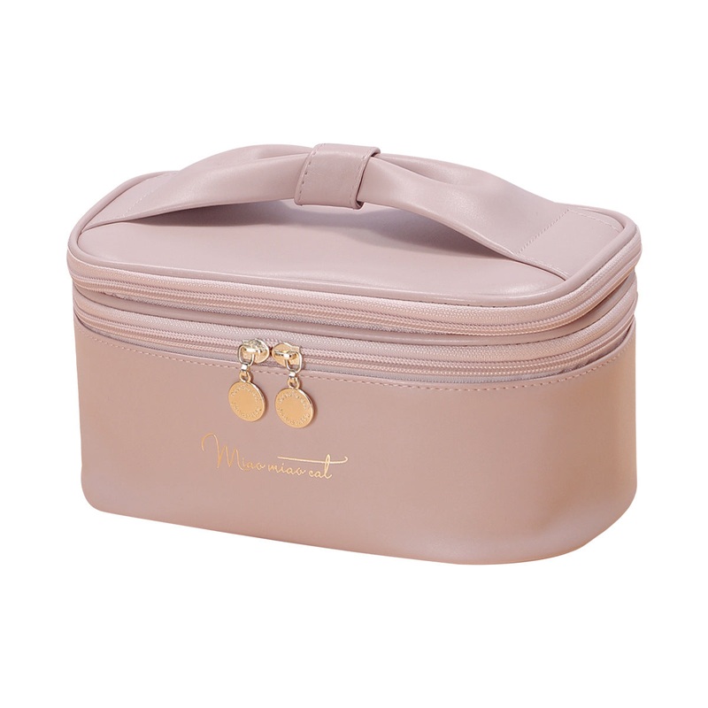 Pink Stylish PU Leather Makeup Bag – Large Capacity Double Layer Waterproof Travel Cosmetic Organizer Case for Women
