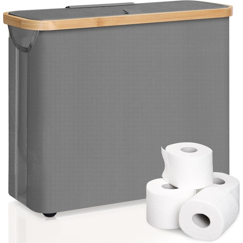 CARLA HOME Toilet Paper Storage Basket Holds Up to 12 Rolls with Bamboo Lid and Handle for RV Closet (Grey)