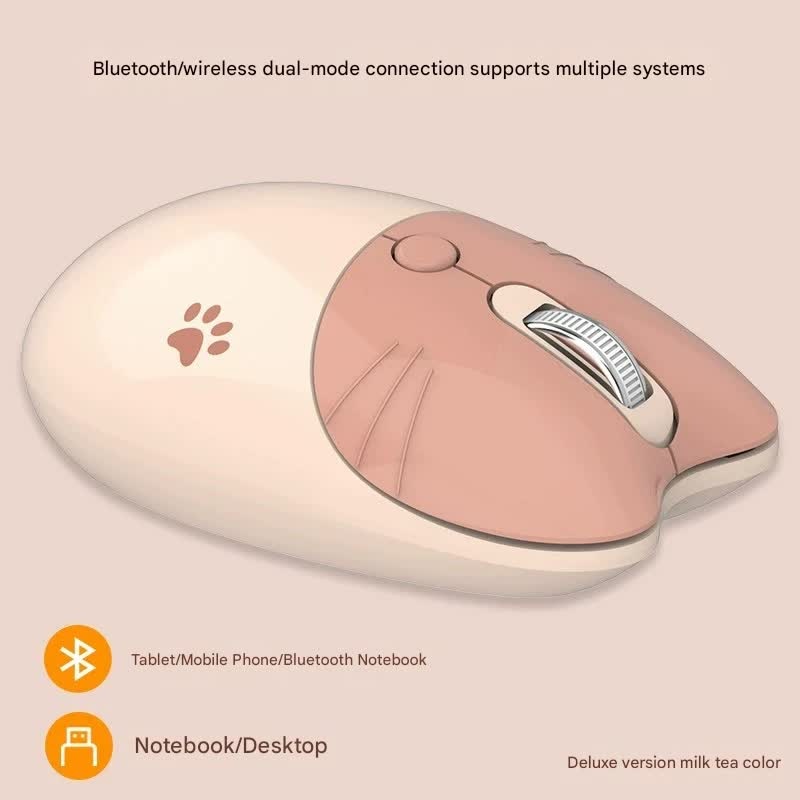 Cute Cat Shaped Wireless Office Mouse – Dual Mode 2.4G/Bluetooth, 3-Level DPI, Silent Click(Milk tea color)