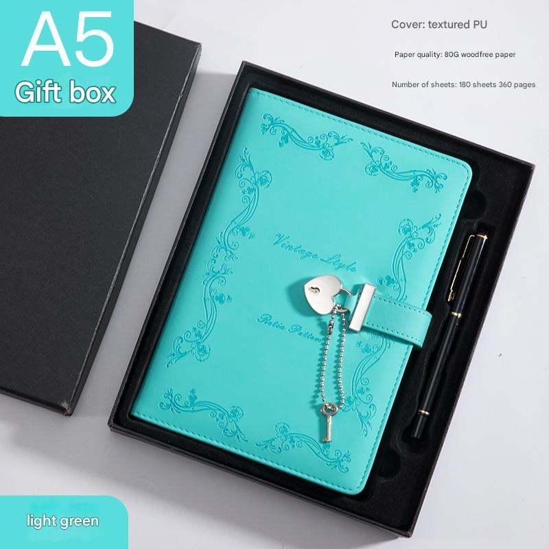 Heart Lock Diary with Key – Vintage Style Journal, Green PU Leather, Secure and Elegant