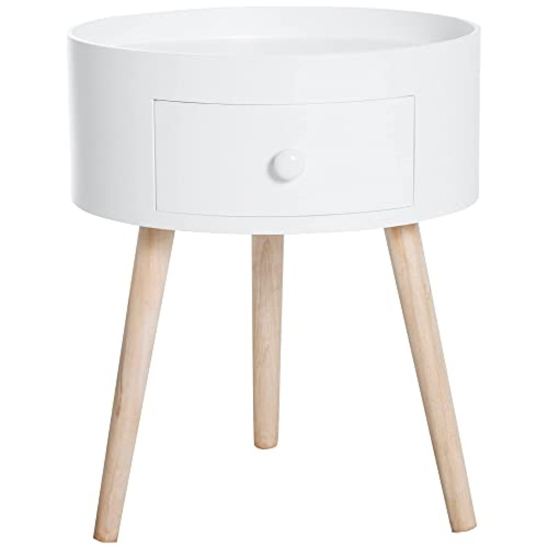 HOMCOM Tavolino da Salotto Moderno in Legno, Tavolino Rotondo con Cassetto, Tavolino da Caff per Soggiorno e Camera, Bianco