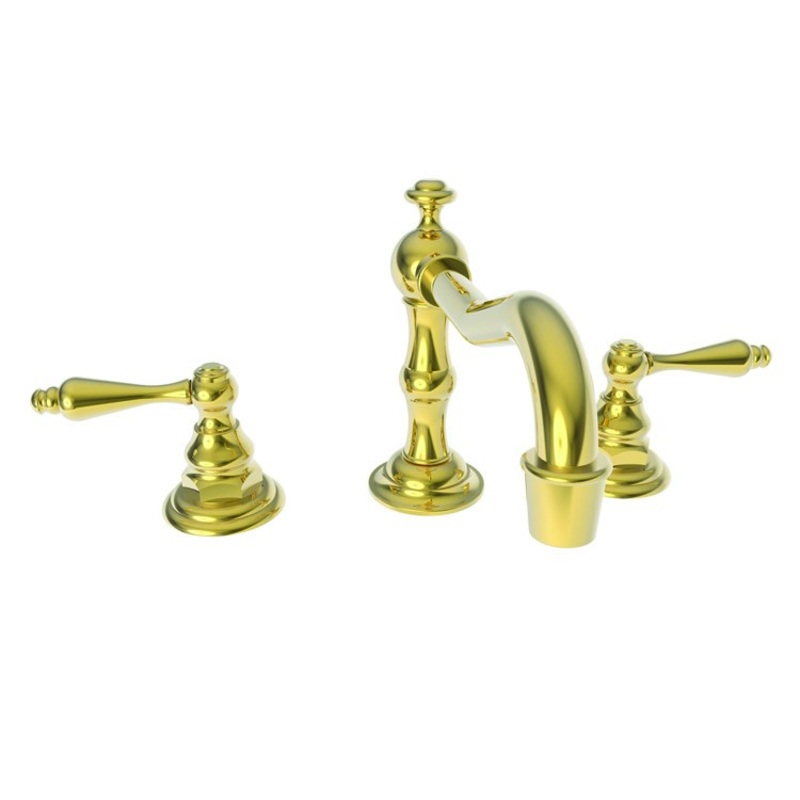 Lavatory Faucet Chesterfield Widespread 8 to 20 Inch Spread 2 Lever ADA Watersense Polished Gold PVD 1.2 Gallons Per Minute Brass Pop-Up with Tailpiece Spout Reach 7 Inch