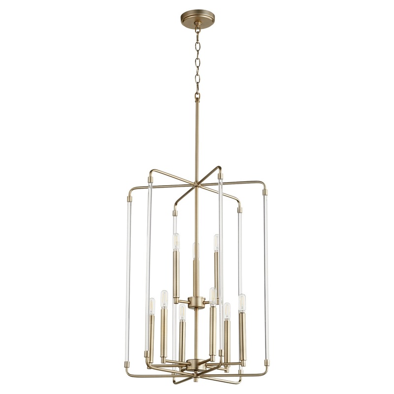 Nine Light Entry Pendant from the Optic Collection in Aged Brass Finish by Quorum