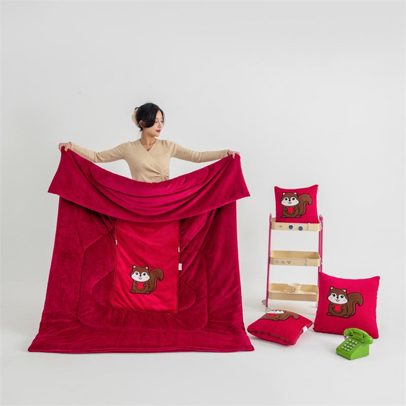 Red Little Squirrel – 2-in-1 Foldable Car Pillow Blanket – Cozy 40x40cm Pillow, Unfolds to 100x150cm Blanket for Travel and Office Naps