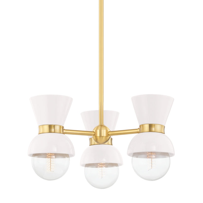 Three Light Semi Flush Mount from the Gillian Collection in Aged Brass/Ceramic Gloss Cream Finish by Mitzi
